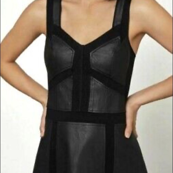 BCBGMAXAZRIA Vegan leather & lace flare dress, NWT - Picture 2 of 9